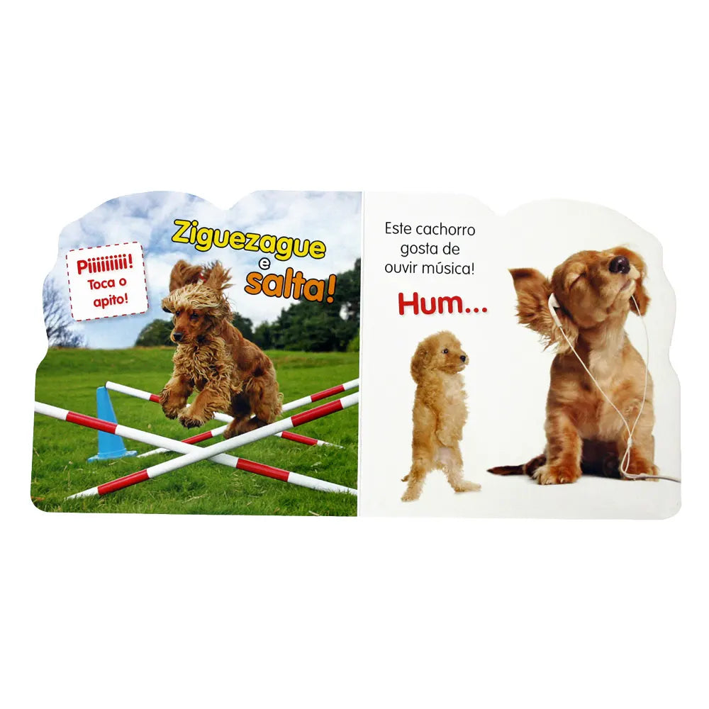 Página interna do livro sobre cães, mostrando imagens de um cão a saltar obstáculos e um cão a ouvir música.