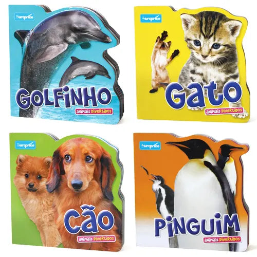 Capa da coleção de livros "Europrice Animais Divertidos", mostrando os quatro livros com imagens de golfinho, gato, cão e pinguim.