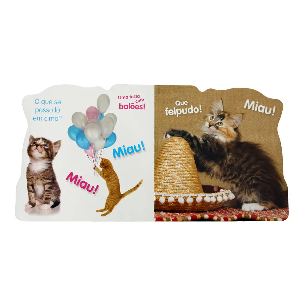 Página interna do livro sobre gatos, mostrando imagens de gatinhos brincando com balões e um chapéu mexicano.