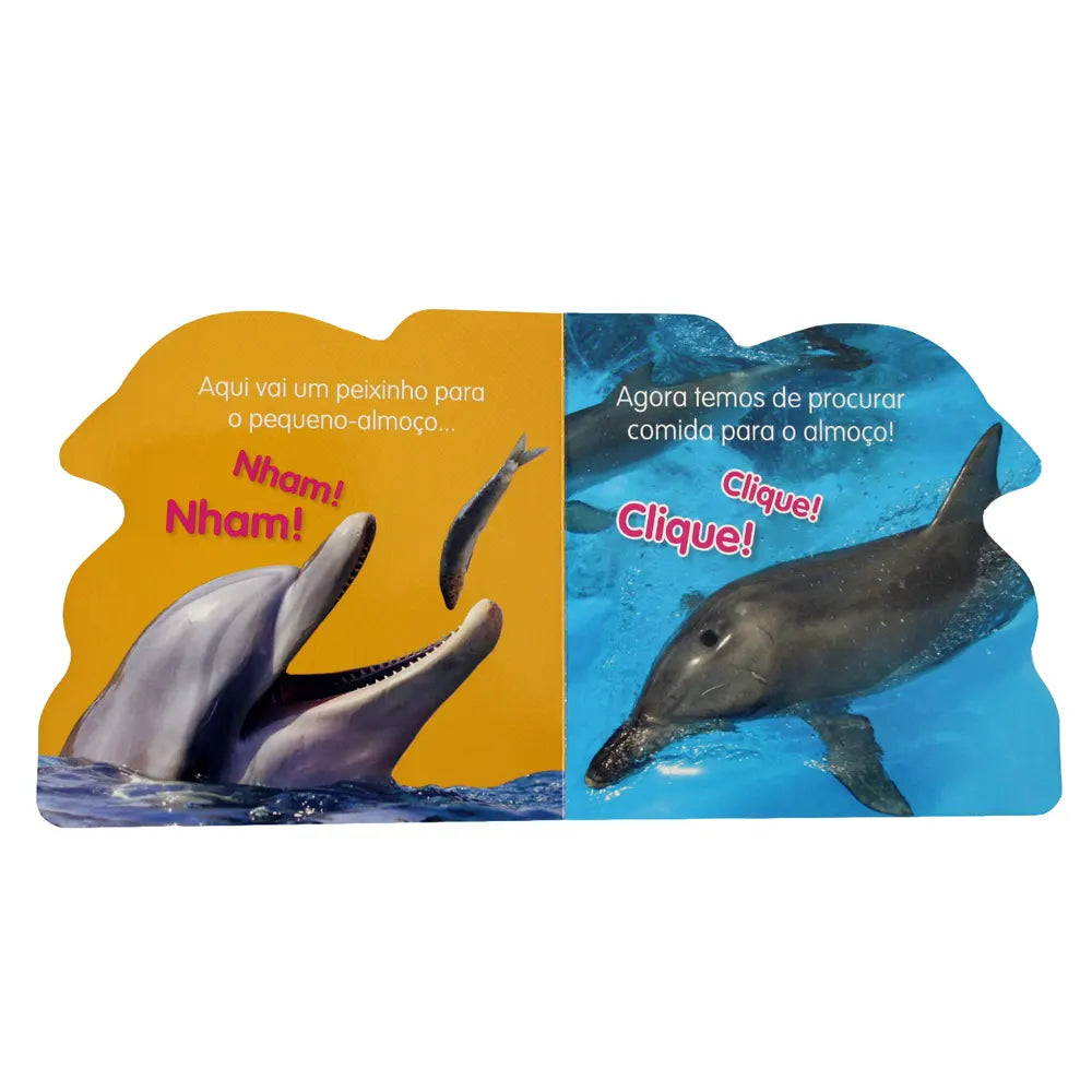 Página interna do livro sobre golfinhos, mostrando imagens de golfinhos a comer e a brincar na água.