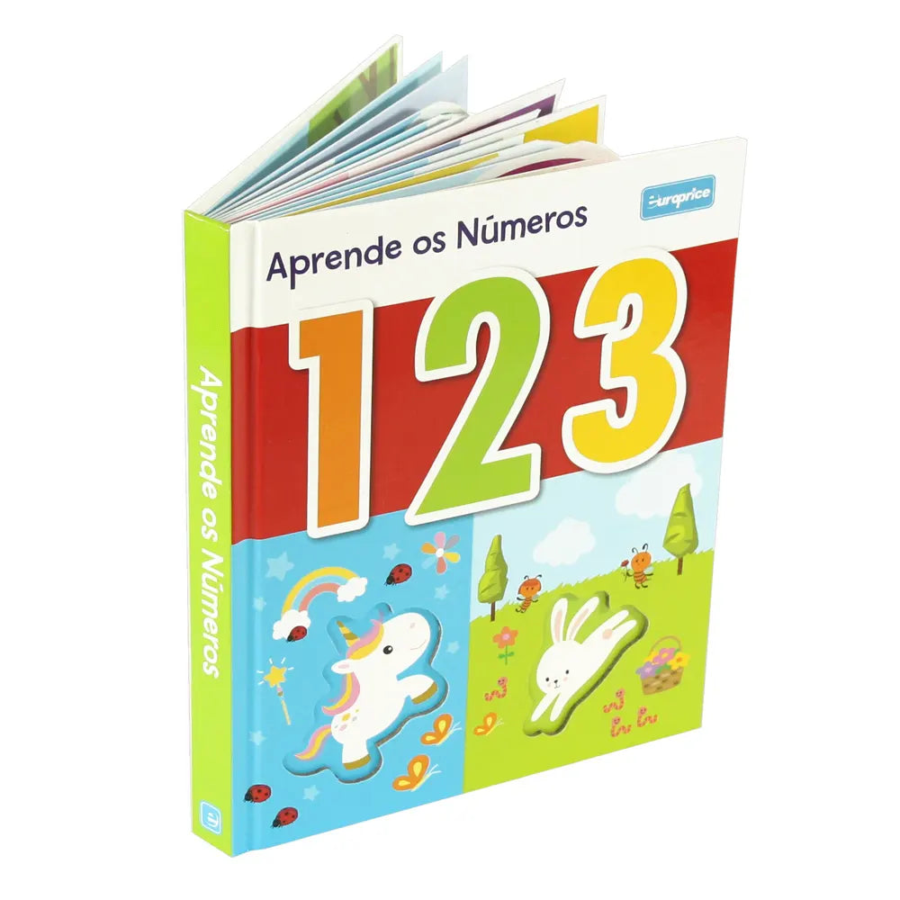 Capa do livro "Aprende os Números" da Europrice, mostrando os números 123 em destaque e ilustrações coloridas de animais e objetos.