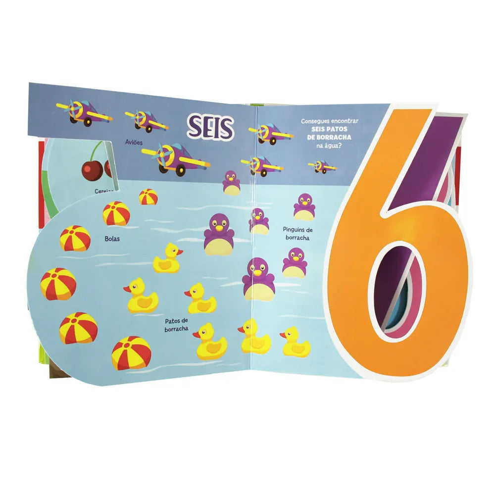 Página interna do livro "Aprende os Números", mostrando o número 6 e ilustrações de patos e pinguins, com uma pergunta interativa para as crianças.