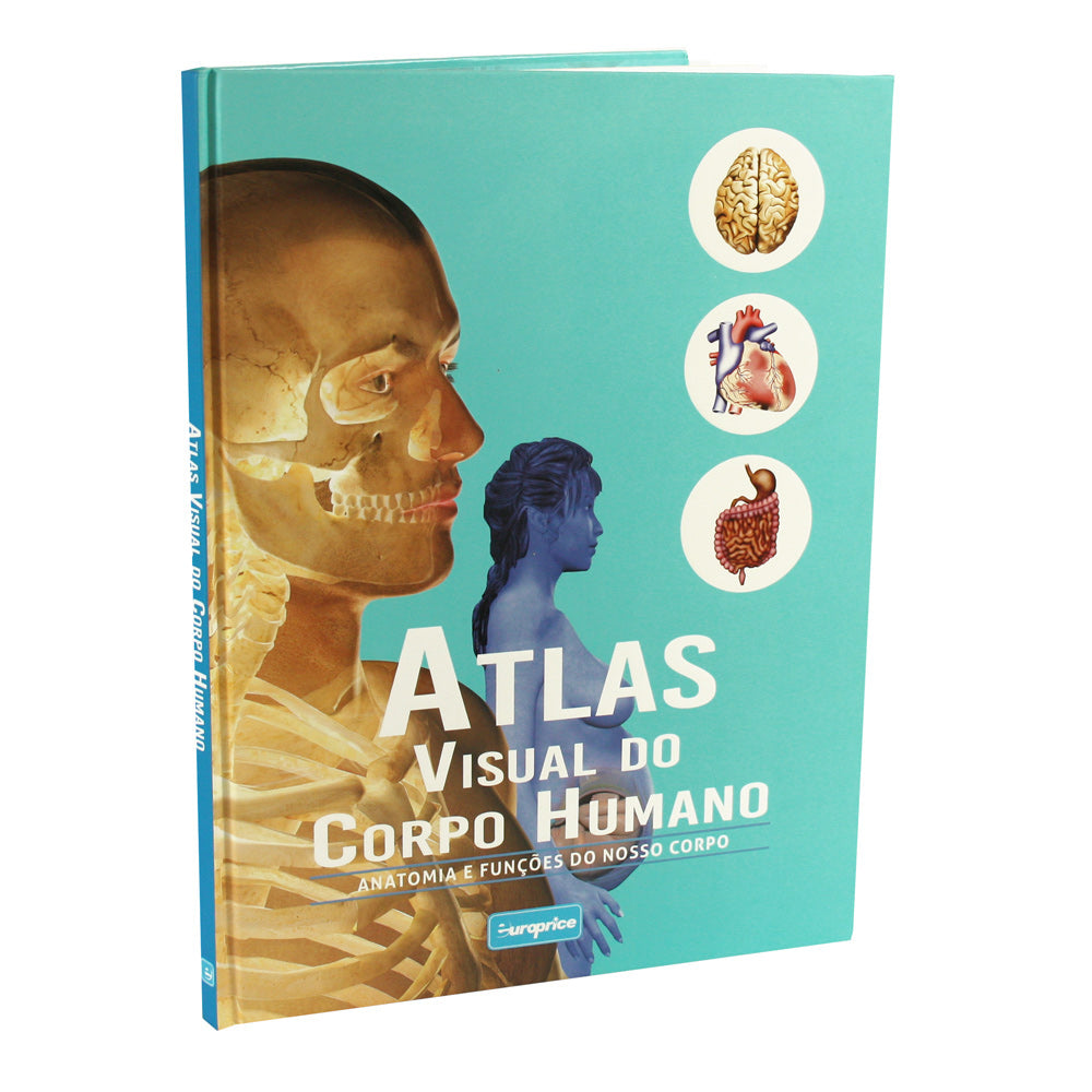 Capa do livro "Atlas Visual do Corpo Humano" da Europrice, mostrando ilustrações de um esqueleto e órgãos humanos.