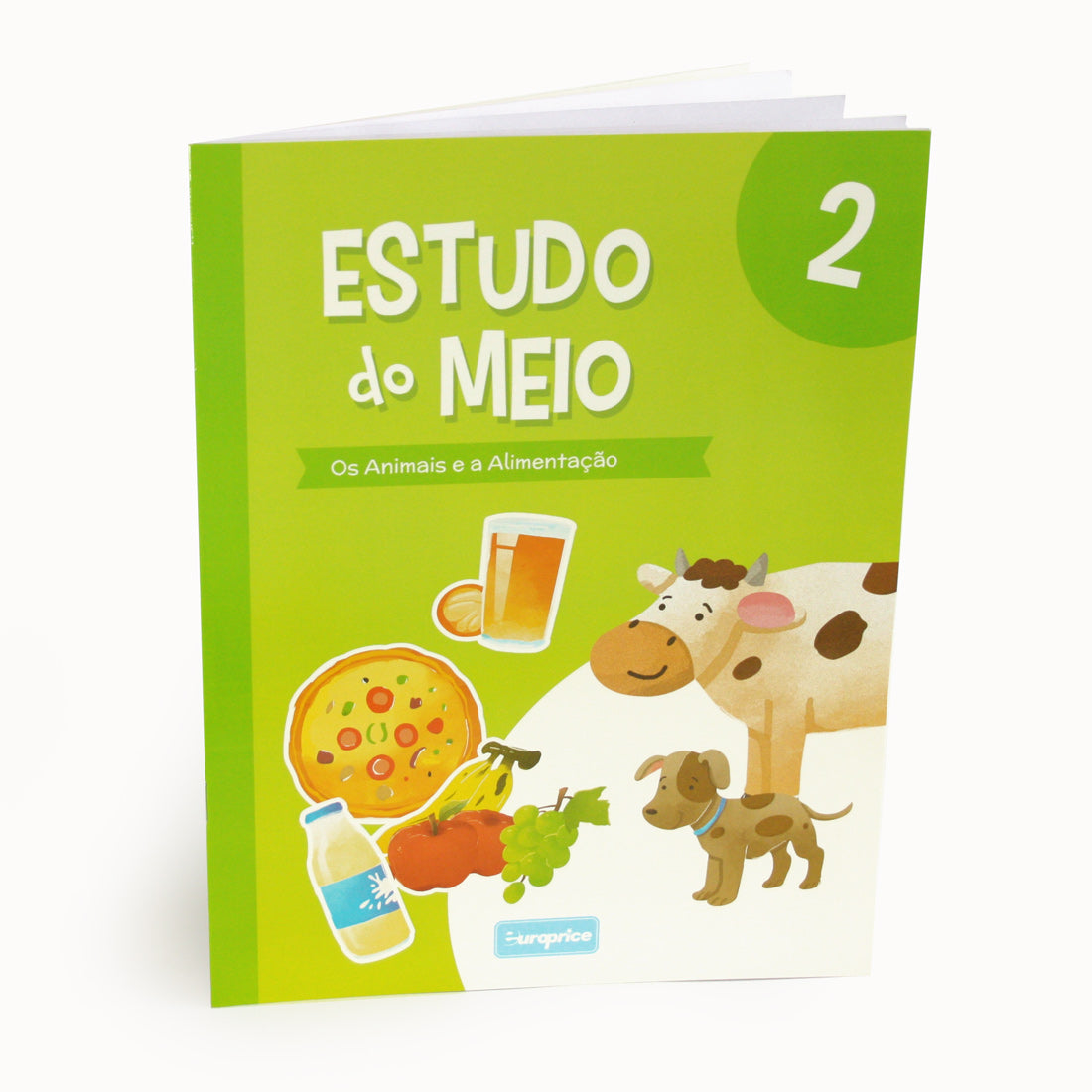 Capa do livro "Estudo do Meio 2" da Europrice, com ilustrações de animais e alimentos, direcionado a crianças dos 4 aos 6 anos.