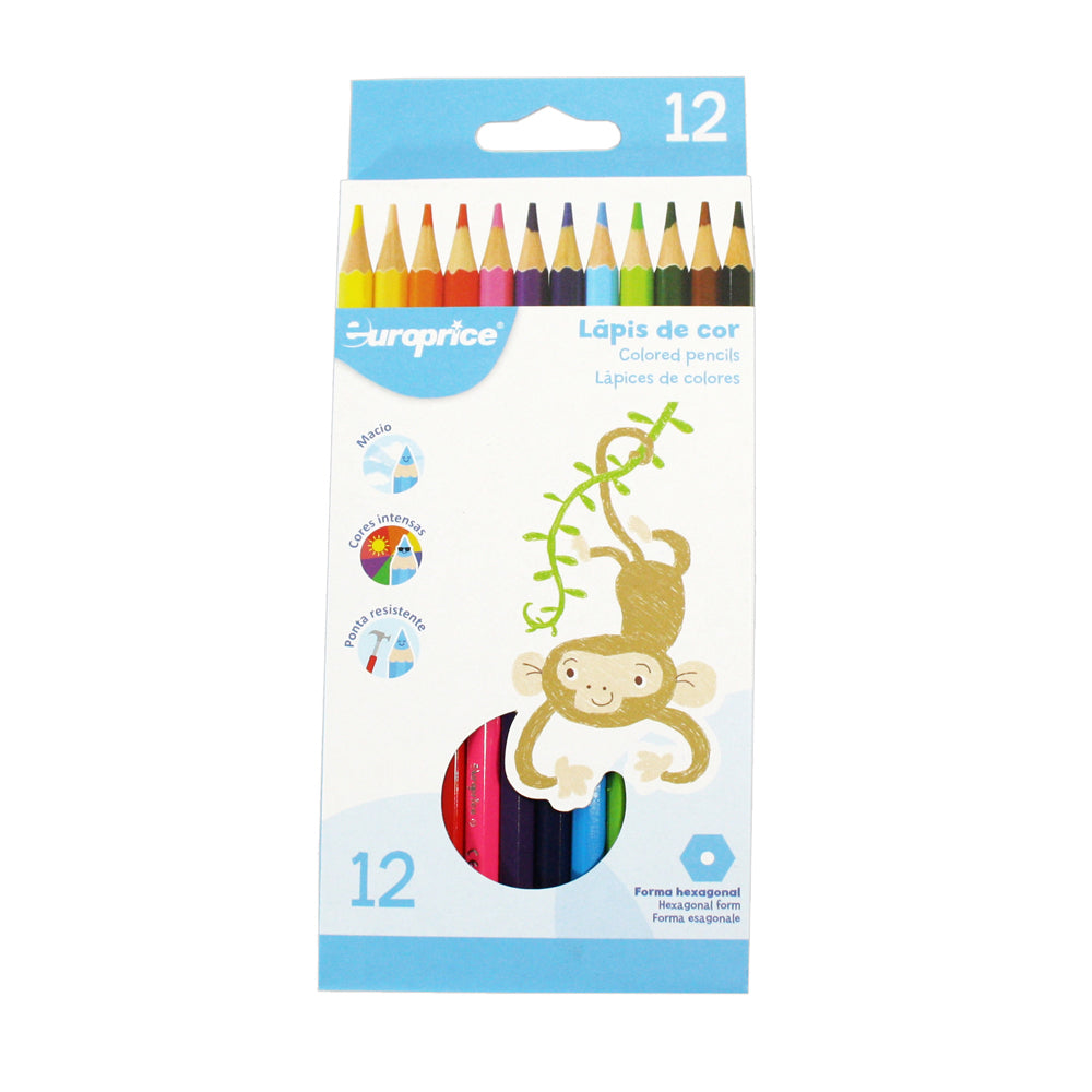 Conjunto de 12 lápis de cor Europrice hexagonais, com pontas afiadas e corpo em madeira colorida, ideal para desenho e pintura.