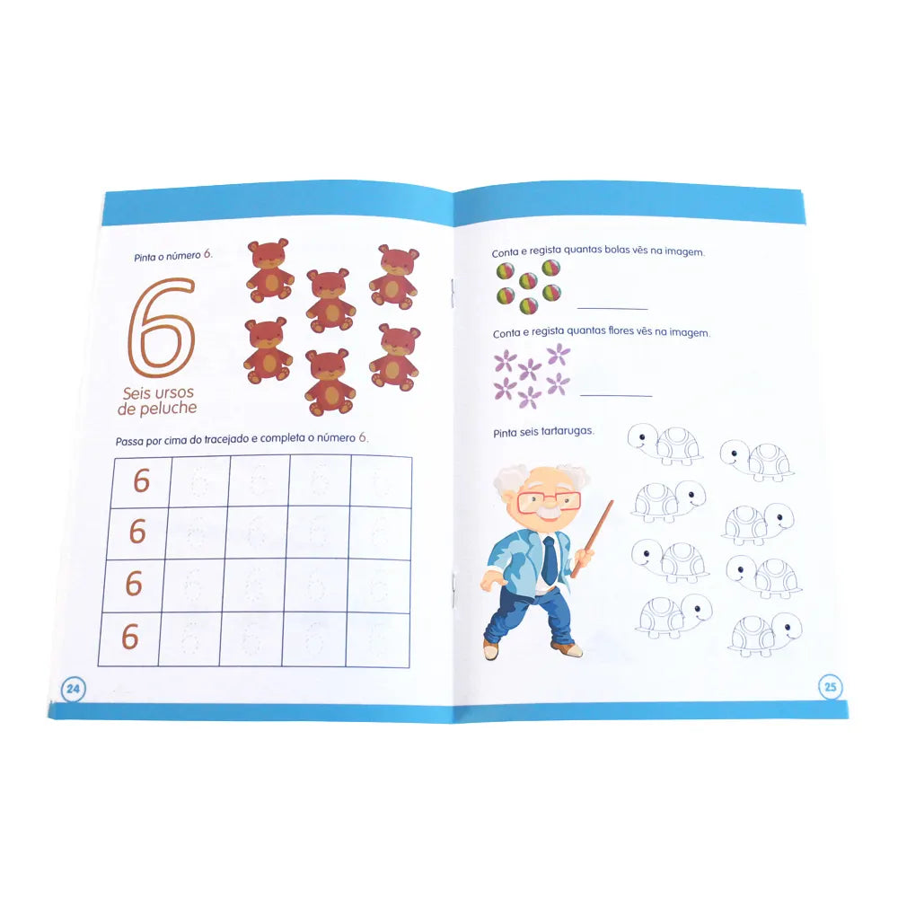 Detalhe de uma página interior do livro, mostrando um exercício de contagem de maçãs com o sapinho, ideal para crianças de 4-6 anos.