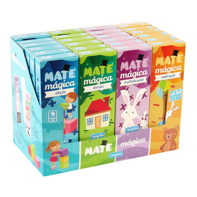 Caixa expositora com quatro tipos de jogos de cartas Europrice MateMágica: adição, divisão, multiplicação e subtração, com ilustrações infantis.