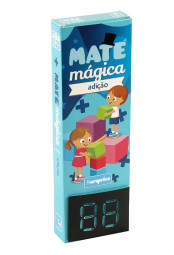 Caixa individual do jogo Europrice MateMágica focada na operação de 'adição', mostrando crianças a empilhar blocos e um ecrã digital simulado.
