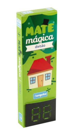 Caixa individual do jogo Europrice MateMágica focada na operação de 'divisão', mostrando uma casa ilustrada e um ecrã digital simulado.