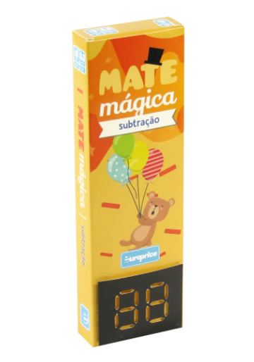 Caixa individual do jogo Europrice MateMágica focada na operação de 'subtração', com ilustrações de frutas e um ecrã digital simulado.