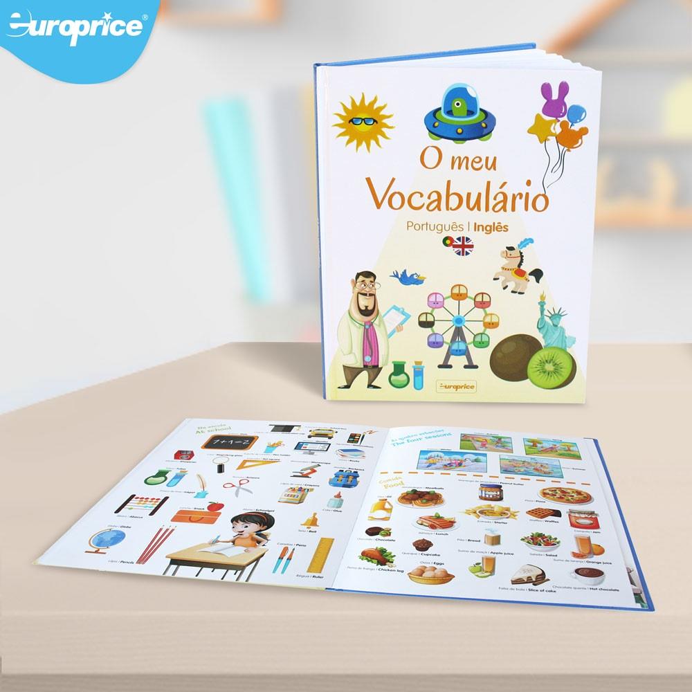 Imagem do livro "O Meu Vocabulário" da Europrice, mostrando a capa e páginas internas com ilustrações coloridas e palavras em português e inglês.