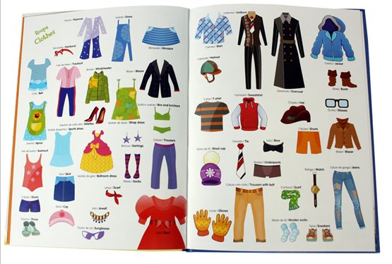 Imagem de páginas internas do livro "O Meu Vocabulário", mostrando ilustrações detalhadas de roupas com legendas em português e inglês.
