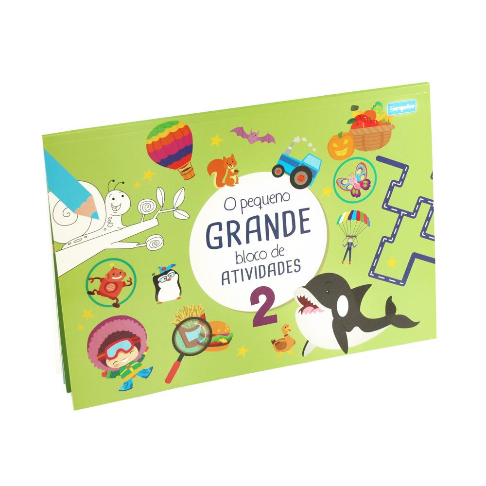 Capa do "Europrice O Pequeno GRANDE Bloco De Atividades - 2" com título em destaque e ilustrações de labirintos e quebra-cabeças.
