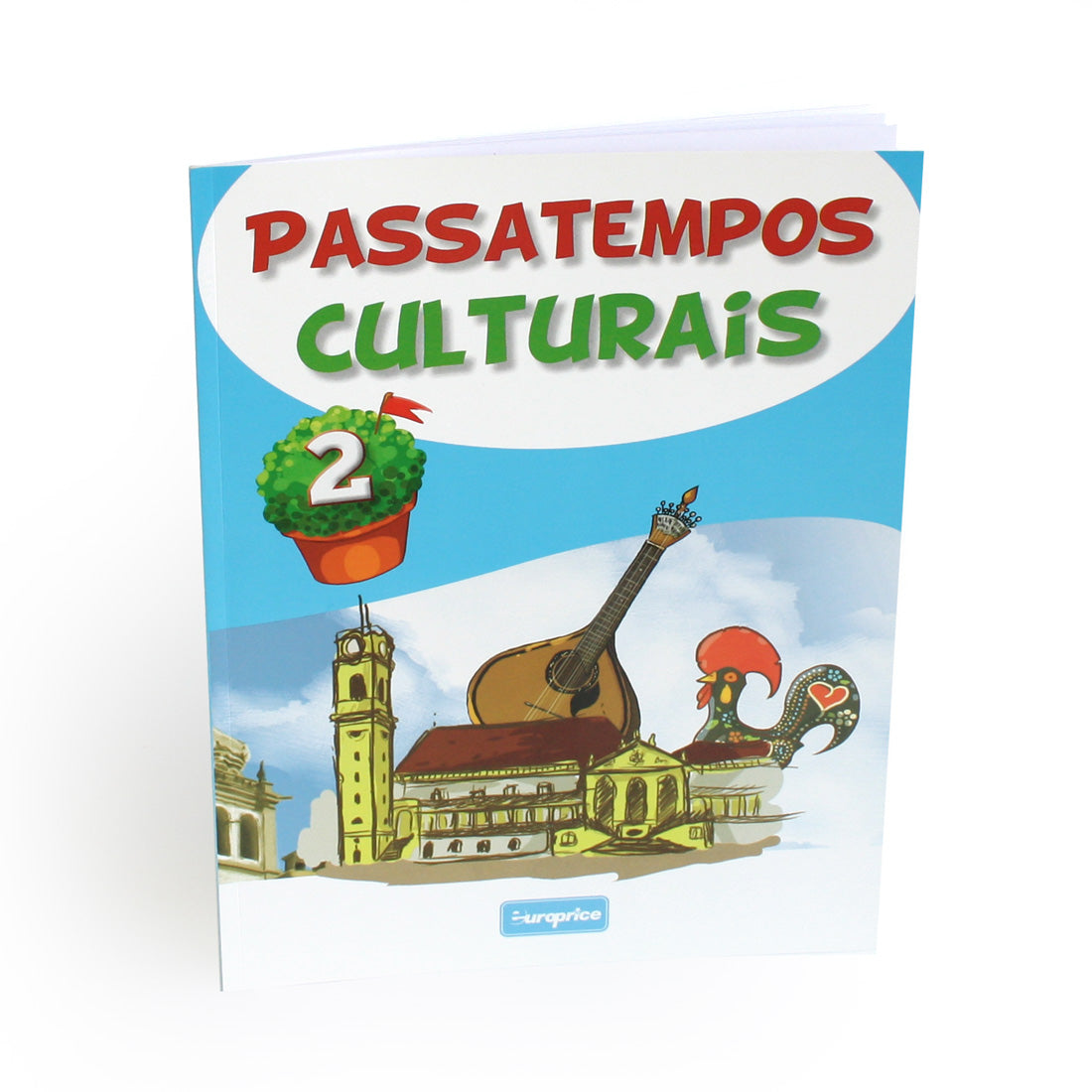 Capa do livro "Passatempos Culturais 2" da Europrice, mostrando ilustrações de elementos culturais portugueses como um galo, uma guitarra portuguesa e um edifício histórico.