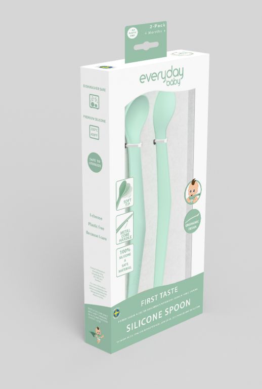 Duas colheres de silicone Everyday Baby, uma rosa e uma cinza, com design ergonómico para bebés.