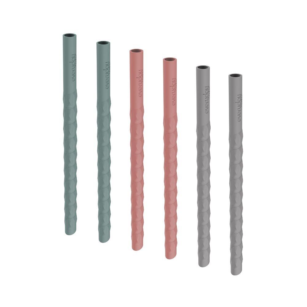 Palhinhas reutilizáveis de silicone Everyday Baby em tons de cinza, azul e tijolo, dispostas lado a lado, destacando a variedade de cores do conjunto de 6 unidades.