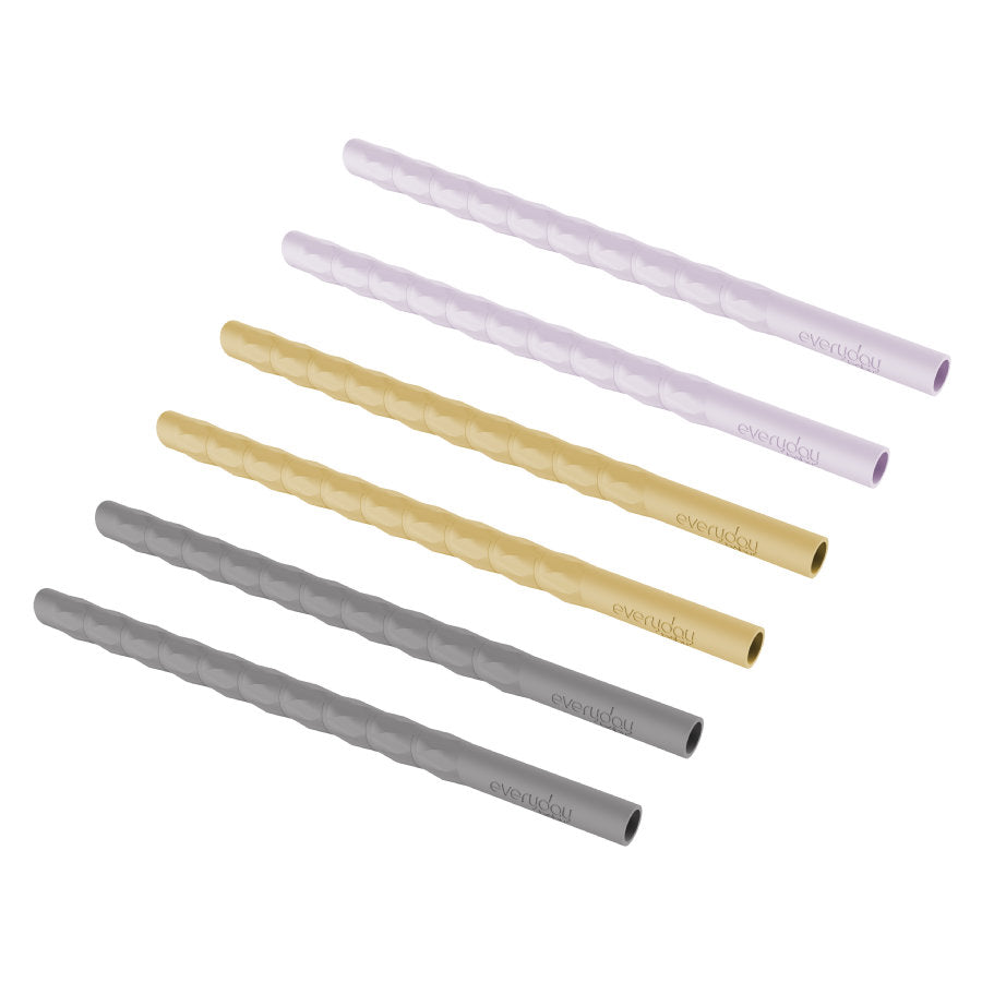 Conjunto de 6 palhinhas reutilizáveis de silicone Everyday Baby em cores amarelo, lilás e cinza, apresentadas lado a lado.