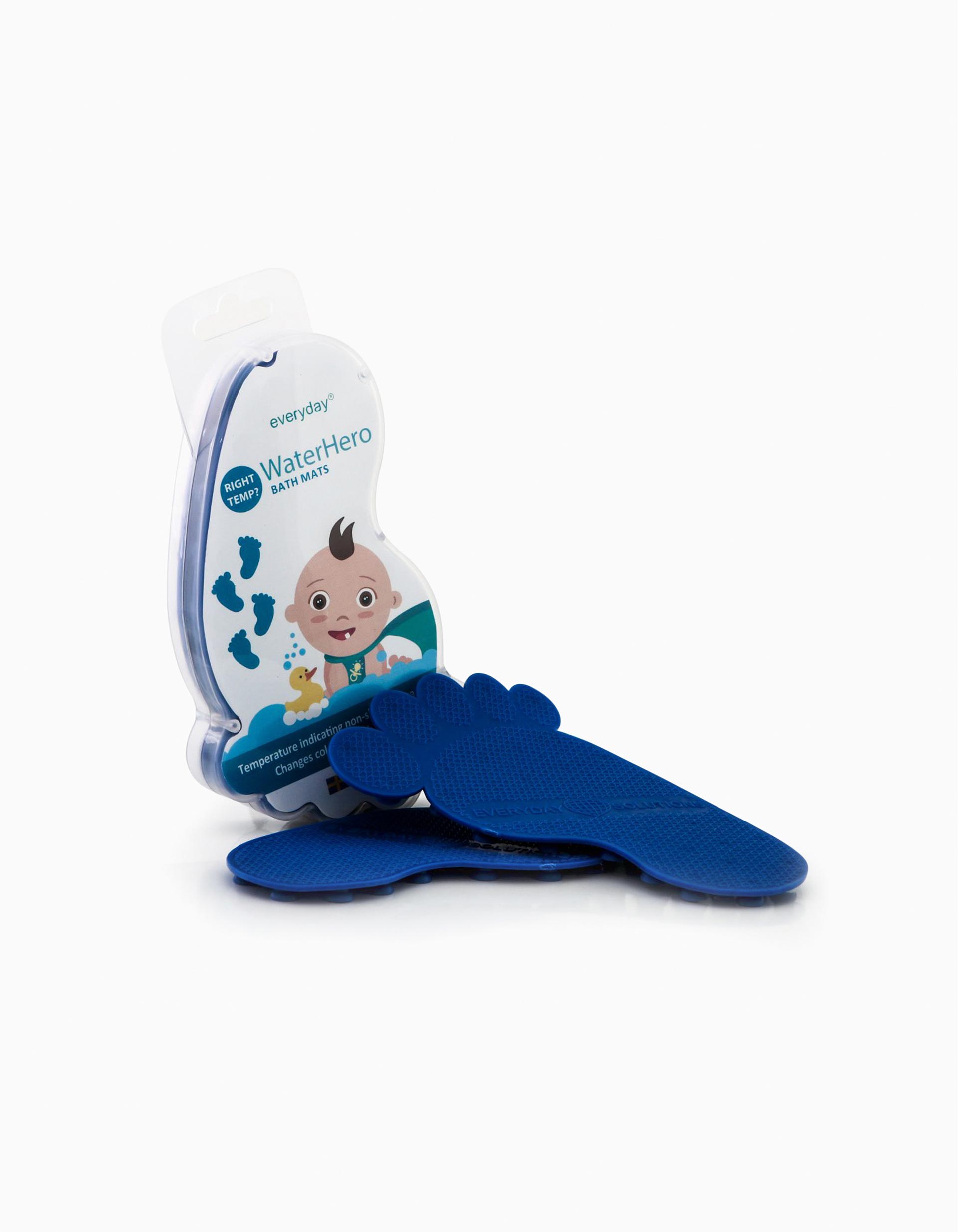 Everyday Baby WaterHero pezinhos antiderrapantes azuis com a embalagem ao fundo, em fundo branco.