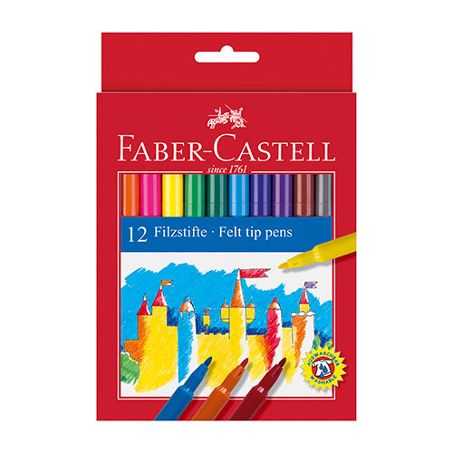 Vista frontal da caixa de 12 marcadores de feltro Faber-Castell, destacando as cores vibrantes e a embalagem com o logótipo da marca.