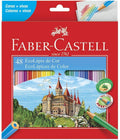 Imagem principal da caixa de cartão fechada dos lápis de cor Faber-Castell, mostrando o logótipo e o número "48" em destaque.