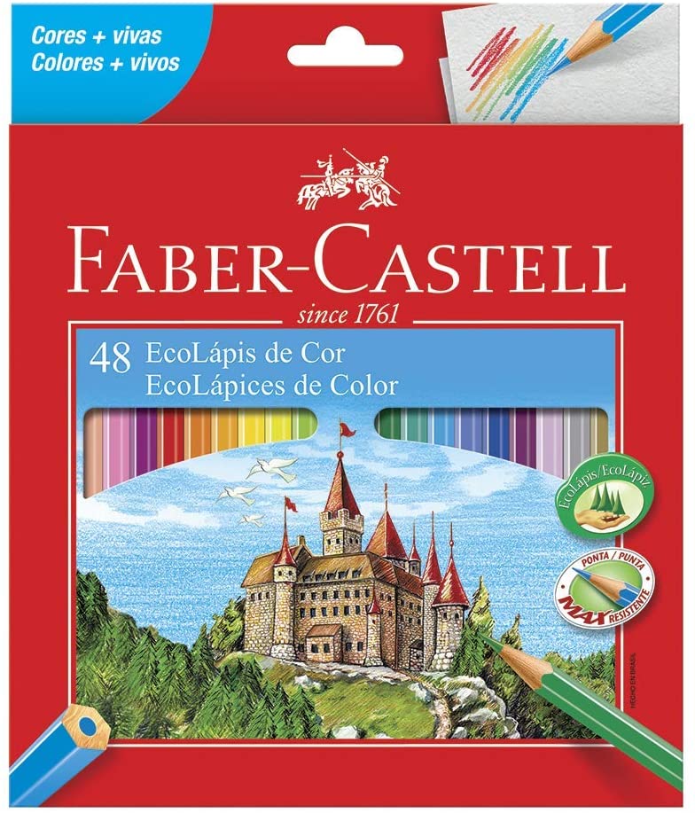 Imagem principal da caixa de cartão fechada dos lápis de cor Faber-Castell, mostrando o logótipo e o número "48" em destaque.