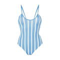Fato de banho Waterlemon adulto, riscas verticais azul e branco, decote redondo e alças finas. Vista frontal.