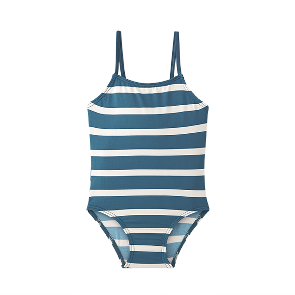 Fato de banho infantil Waterlemon azul e branco com riscas horizontais, visto de frente, com alças finas.