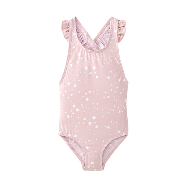 Fato de banho infantil Waterlemon rosa claro com padrão de estrelas brancas, mostrando a parte frontal com alças de folhos.