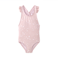Fato de banho infantil Waterlemon rosa claro com padrão de estrelas brancas, mostrando a parte frontal com alças de folhos.