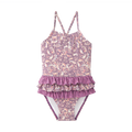 Fato de banho Waterlemon para menina, cor roxa com padrão paisley, alças finas e folhos na parte inferior. Vista frontal.
