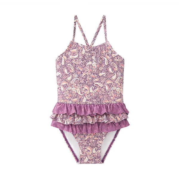 Fato de banho Waterlemon para menina, cor roxa com padrão paisley, alças finas e folhos na parte inferior. Vista frontal.