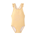 Fato de banho infantil Waterlemon amarelo e branco com padrão xadrez, decote redondo e frase "Here comes the sun" na frente.