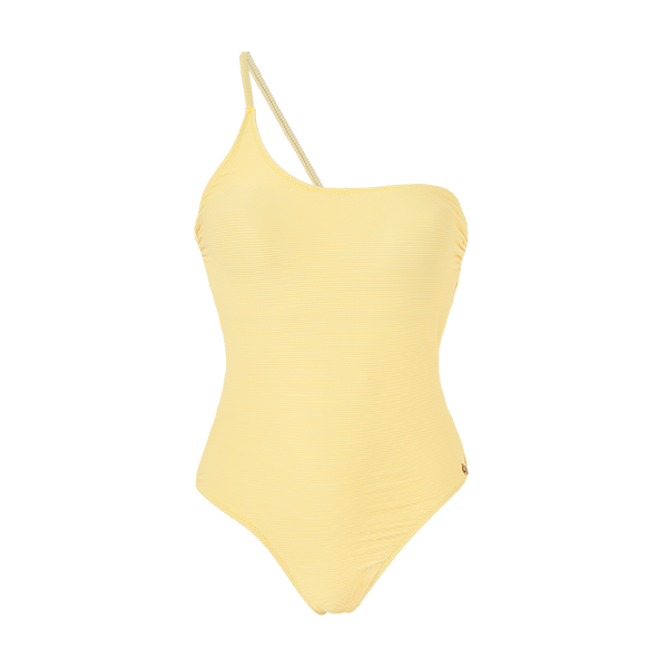 Fato de banho canelado amarelo Waterlemon, decote assimétrico com alça única, visto de frente. Modelo adulto senhora.