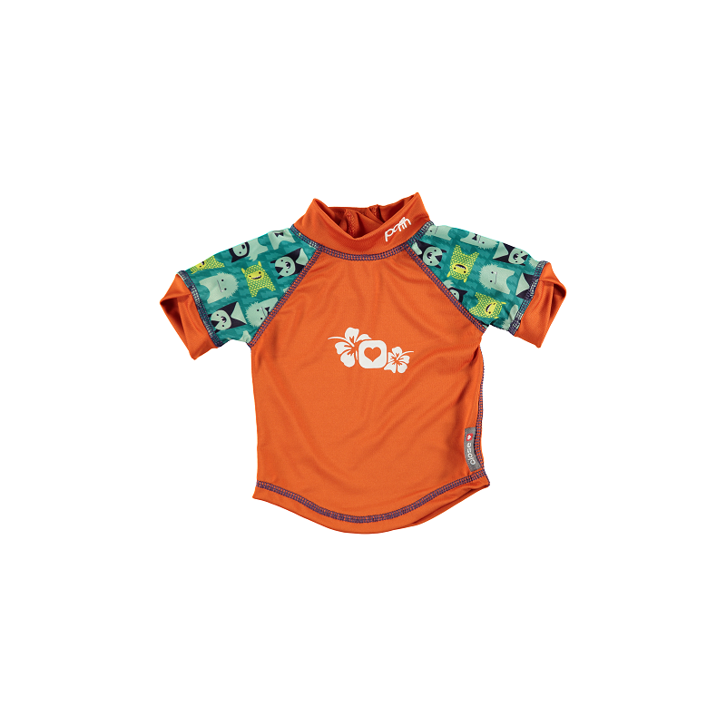 Fato de surf com proteção solar UPF 50+ para bebé, cor laranja com mangas estampadas.