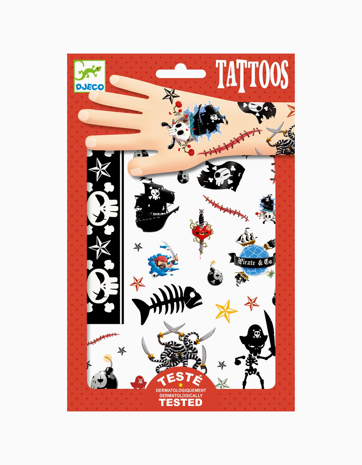 Embalagem das Djeco 50 Tatuagens Piratas com uma mão ilustrada mostrando tatuagens aplicadas e diversos designs de piratas e caveiras.
