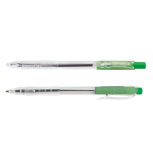 Duas esferográficas Fegol transparentes com tinta azul e verde, corpo translúcido e detalhes coloridos, sobre fundo branco.