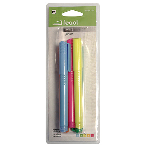 Conjunto de 3 marcadores fluorescentes Fegol Junior (Amarelo, Laranja, Verde) com ponta biselada, ideais para sublinhar.