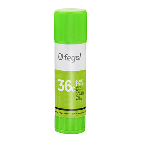 Tubo de cola stick FEGOL de 36g em embalagem verde e branca, com tampa verde brilhante, pronto a usar.