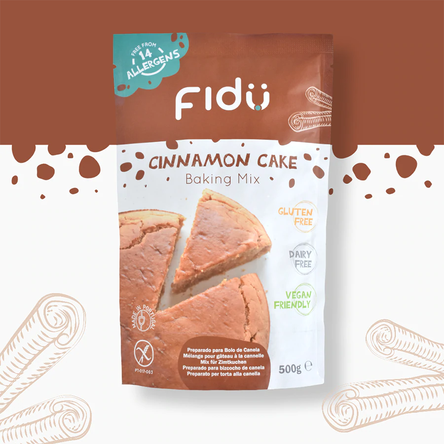 Tabela nutricional e lista de ingredientes do preparado para bolo de canela Fidu Mix sem glúten, destacando a composição sem os 14 principais alergénios.