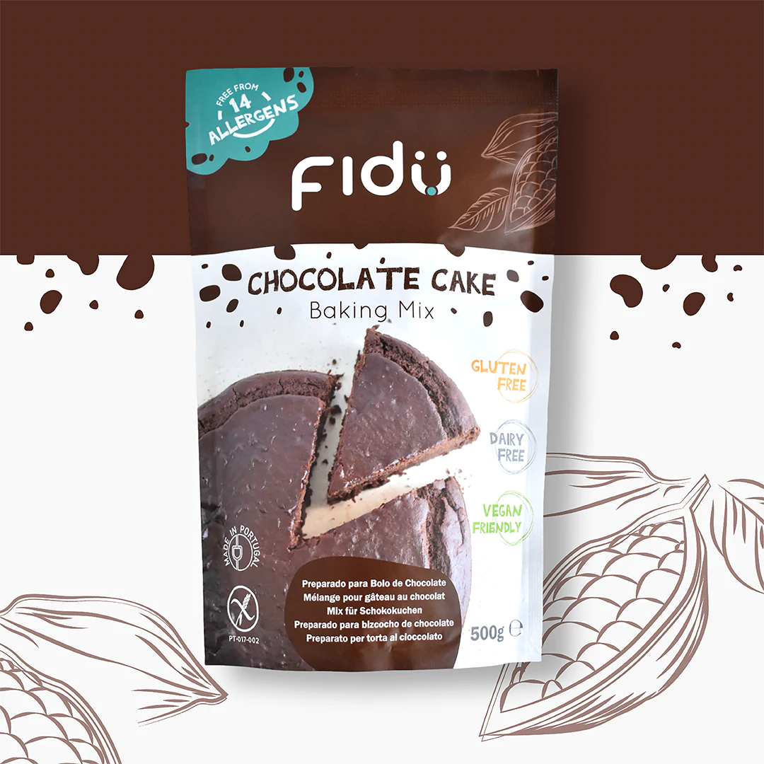 Tabela nutricional detalhada do Fidu Mix Bolo Chocolate sem glúten 500gr, mostrando valores energéticos e composição por 100g.