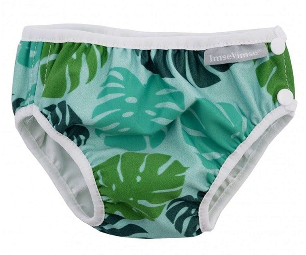 Fralda-cueca de banho reutilizável ImseVimse com padrão de folhas verdes.