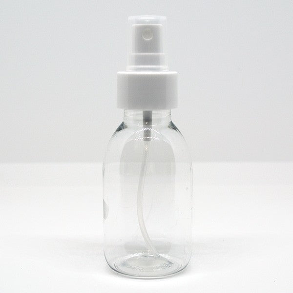 Frasco pulverizador Gotu de 100ml, transparente, com tampa de proteção branca, ideal para loções e géis.