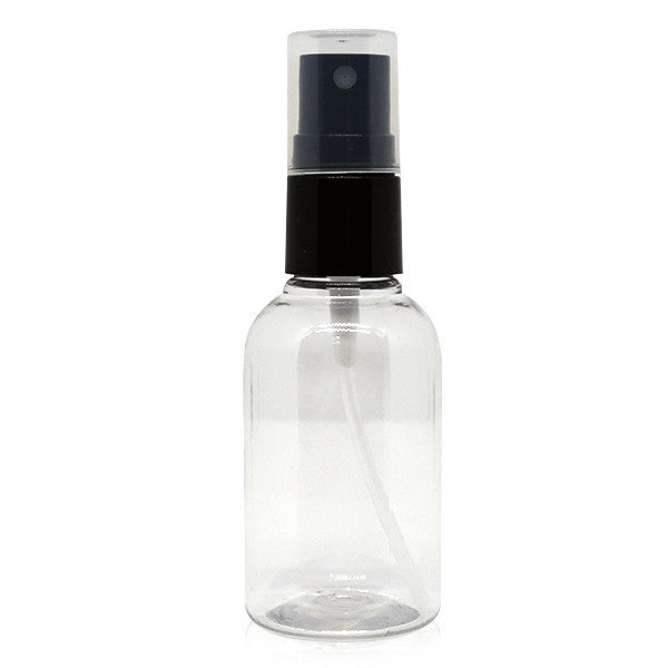 Vista frontal do frasco Gotu de 50ml, transparente, com tampa de spray preta e capa protetora. Ideal para cosméticos.