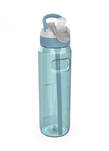 Detalhe da tampa da garrafa Kambukka, mostrando o bico ergonómico e a palha curva para beber sem inclinar a cabeça.