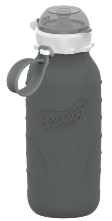 Garrafa Squeasy cinzenta de 480ml com tampa branca e pega.
