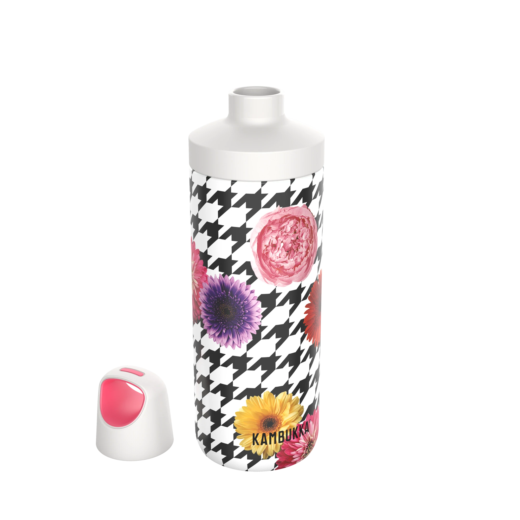 A garrafa Kambukka Reno com a base da tampa removida, ilustrando a facilidade de limpeza e a adição de gelo ou frutas.