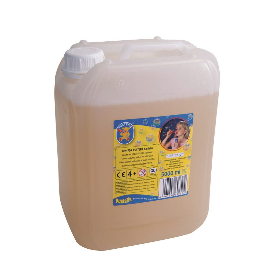 Garrafão de 5 litros de líquido para bolhas de sabão Pustefix, pronto para recarregar seus dispensadores de bolhas. Ideal para festas e diversão ao ar livre.