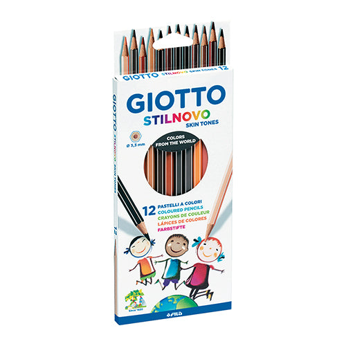 Caixa de cartão aberta dos lápis de cor Giotto Skin Tones, mostrando os 12 tons de pele em exposição.