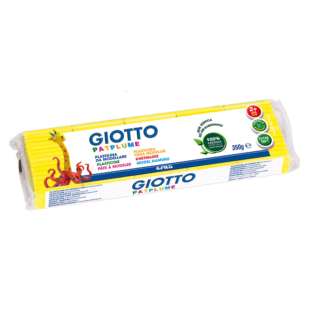 Imagem promocional da plasticina Giotto Patplume 350g, com o produto ao lado de figuras simples criadas por crianças, enfatizando a estimulação da criatividade.