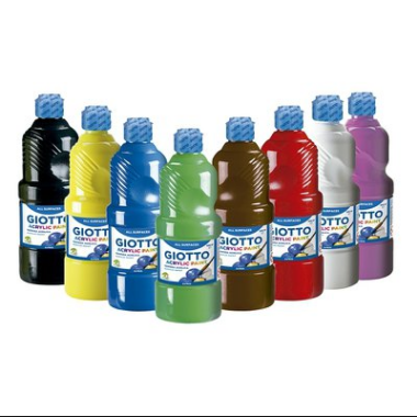 Conjunto de frascos de tinta Giotto em várias cores alinhados